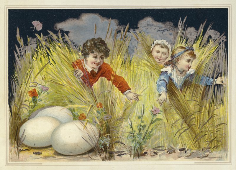 Children looking for enormous Easter eggs by French School