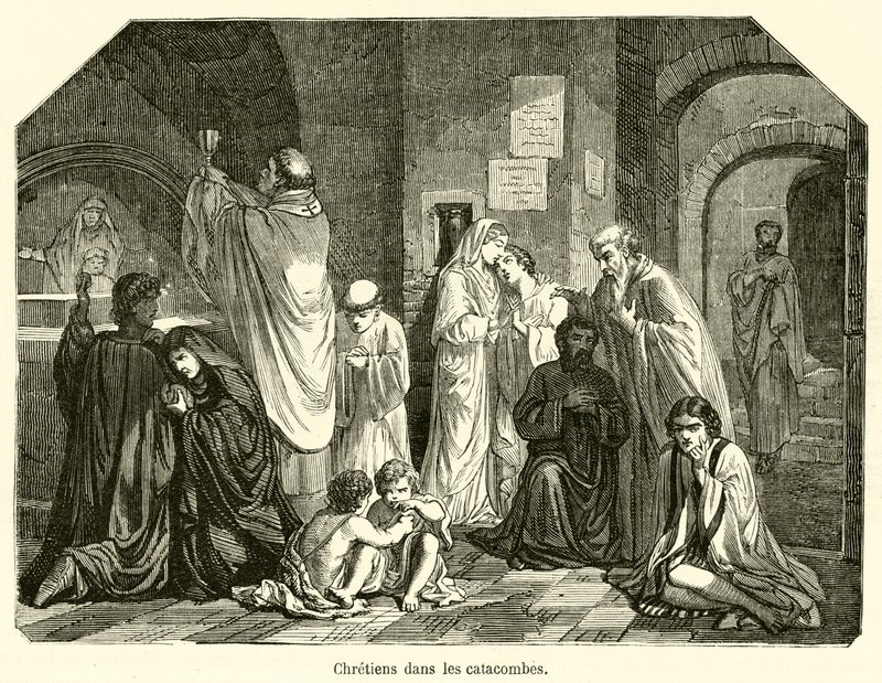 Christians in the Catacombs by French School