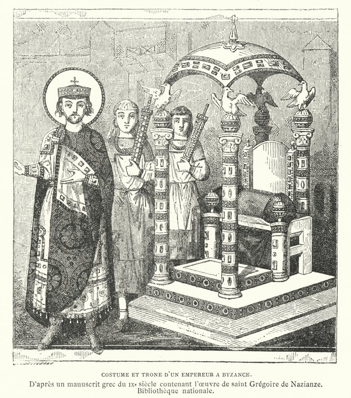 Costume and throne of a Byzantine emperor, 9th Century by French School