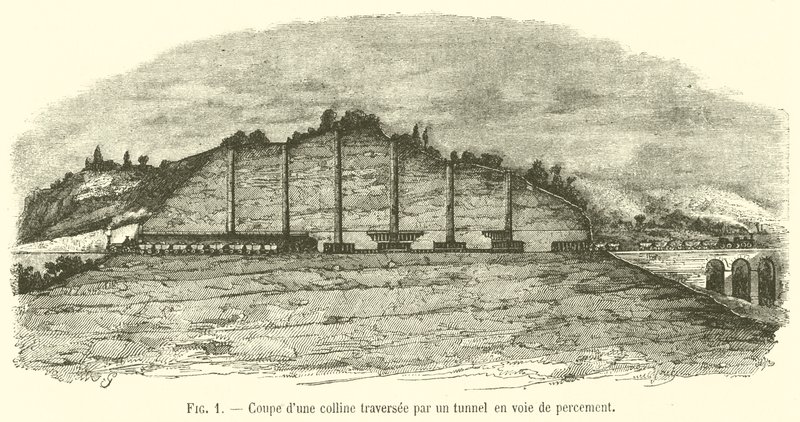 Cross-Section of a Hill Traversed by a Tunnel Under Construction by French School