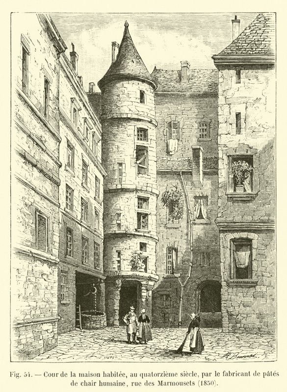 Courtyard of the house inhabited, in the fourteenth century, by the human flesh paste maker, rue des Marmousets, 1850 by French School