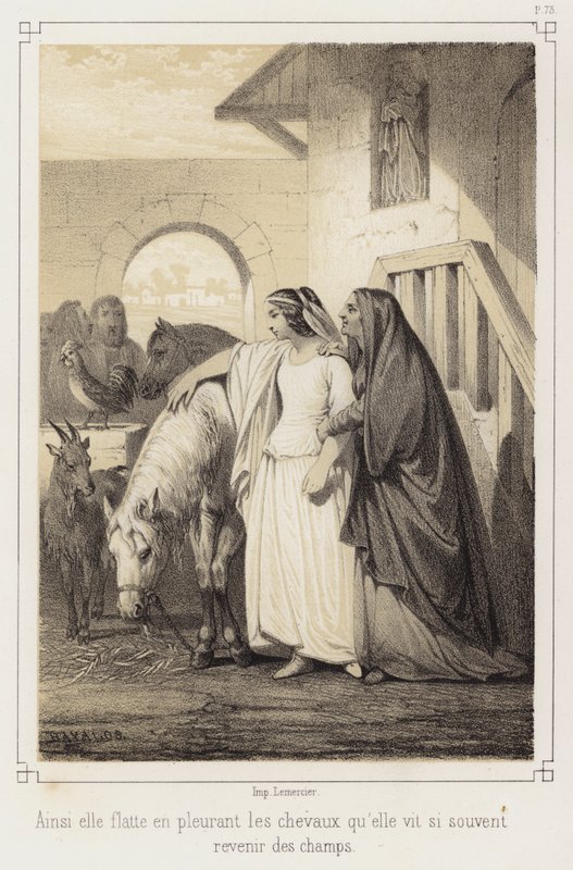 Crying, she stroked the horses that she so often saw returning from the fields by French School