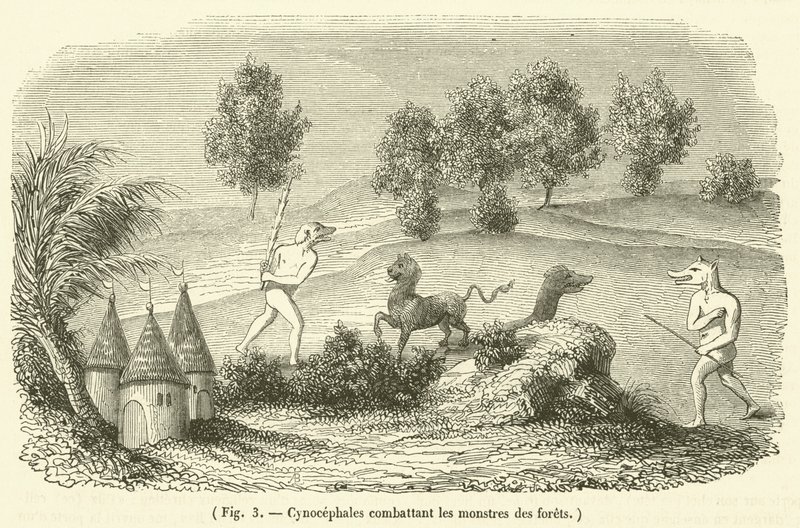 Cynocephali fighting forest monsters by French School