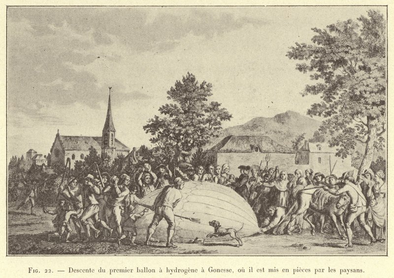Descent of the First Hydrogen Balloon at Gonesse, where it is Torn to Pieces by Peasants (engraving) by French School