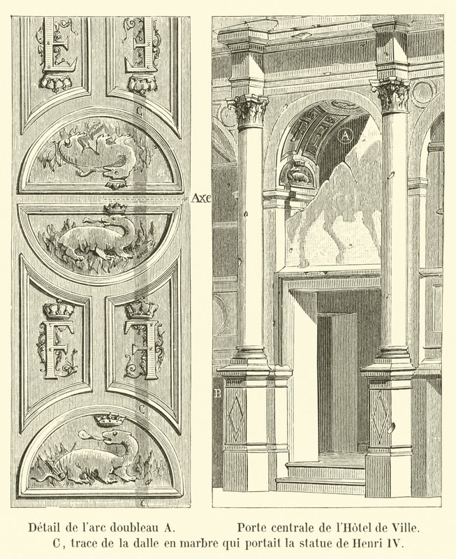 Detail of the double arch A, Central Gate of the Hotel de Ville, C, trace of the marble slab that bore the statue of Henry IV by French School