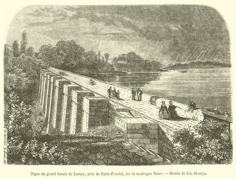 Dam of the large basin of Lampy, near Saint-Ferreol, on the Black Mountain by French School