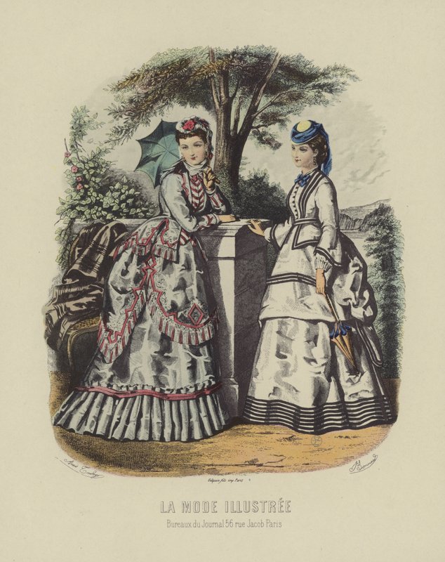 Elegant Women in Period Dress Standing in Garden by French School