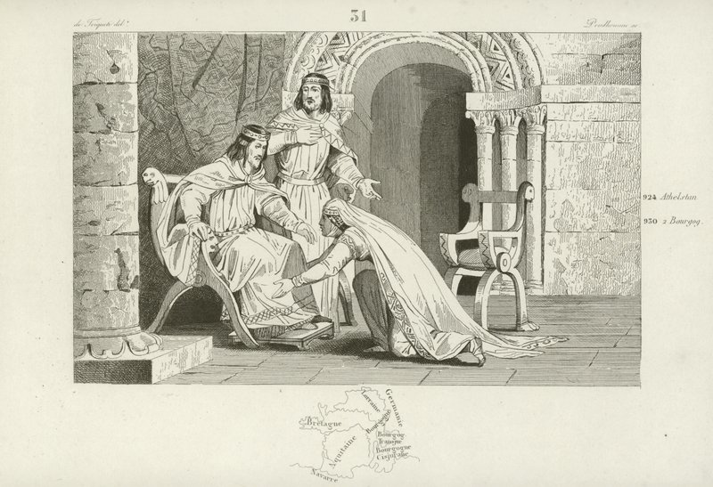 Emma of France kisses the knee of her husband Raoul, in recognition of his sovereignty by French School