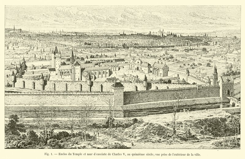 Enclosure of the Temple and city wall of Charles V, in the fifteenth century; view taken from outside the city by French School