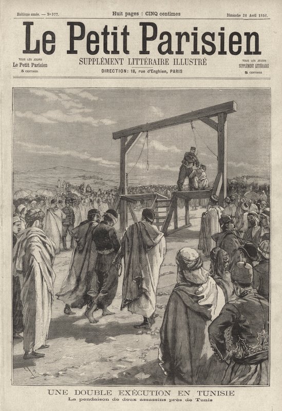 Execution by hanging of two assassins near Tunis, Tunisia by French School