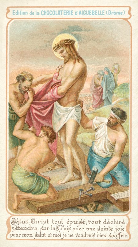 Exhausted, Jesus prepares to be nailed to the Cross by French School