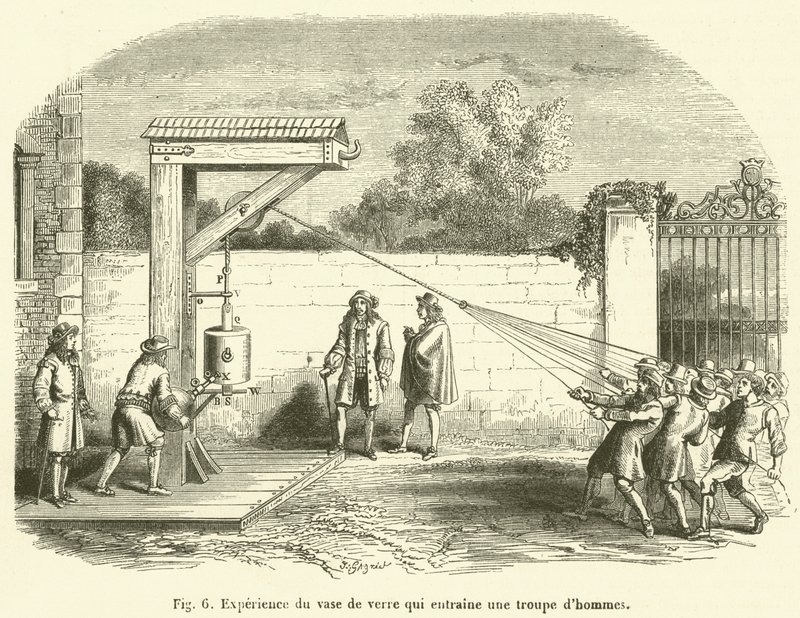 Experiment with the Glass Vase Dragging a Group of Men (engraving) by French School
