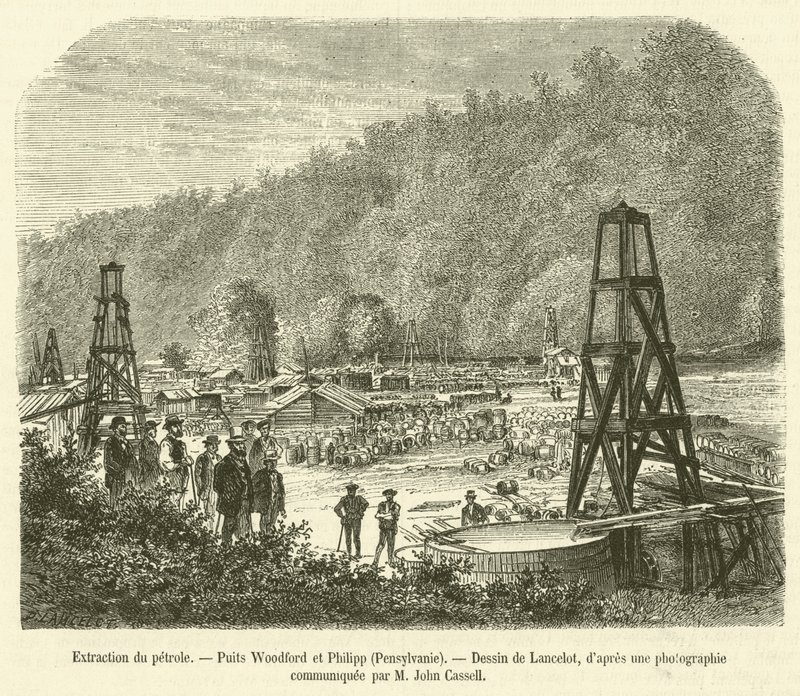 Oil Extraction, Woodford and Philipp Wells, Pennsylvania (engraving) by French School