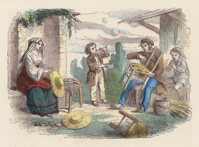 Family working with straw by French School