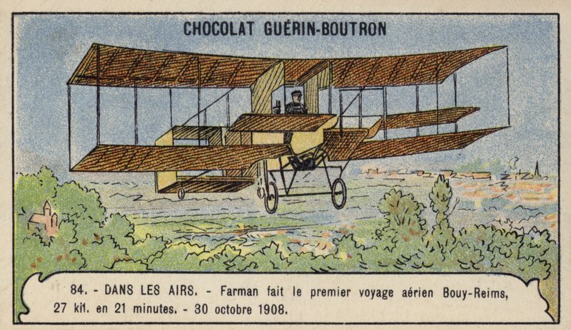 Farman making the first cross-country aeroplane flight in Europe, from Bouy to Reims, France, 30 October 1908 by French School