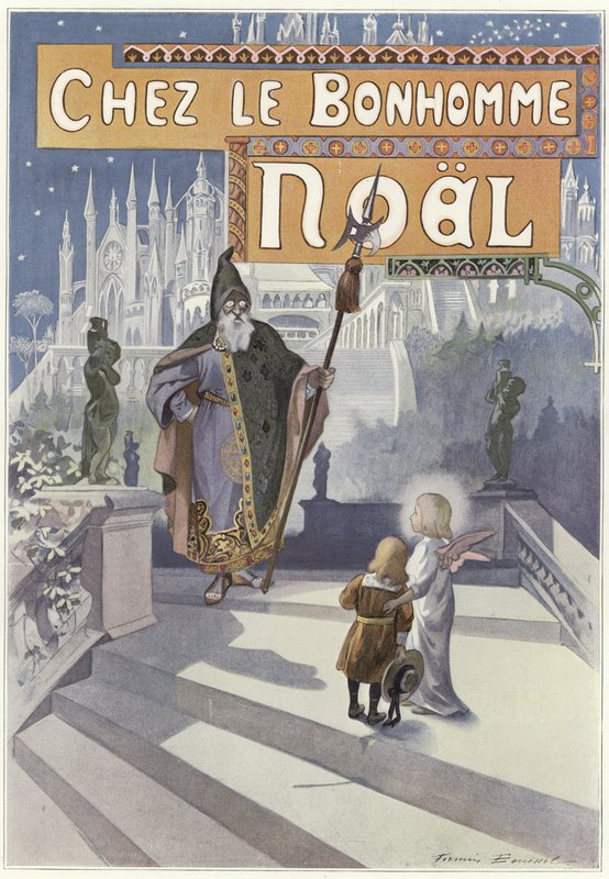 Father Christmas Meeting a Young Child Accompanied by an Angel by French School