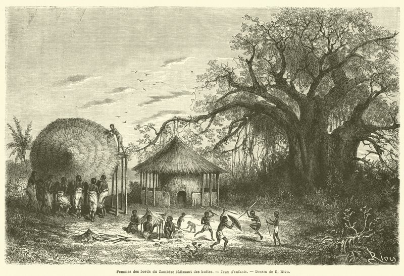 Women from the Banks of the Zambezi Building Huts, Children