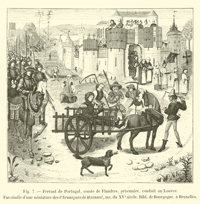 Ferrant of Portugal, Count of Flanders, prisoner, led to the Louvre, Facsimile of a miniature from the Chronicles of Hainaut, 15th century manuscript, Library of Burgundy, in Brussels by French School