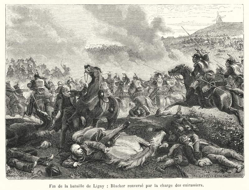 End of the Battle of Ligny, Blucher Overturned by the Charge of the Cuirassiers (engraving) by French School