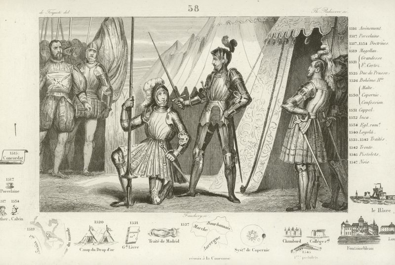 Francis I of France requesting to be knighted by the Chevalier Bayard after victory at the Battle of Marignano, Italy, 1515 by French School