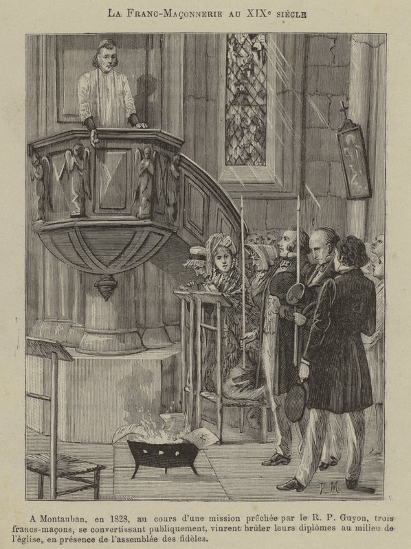 Freemasonry in the 19th Century: three Masons converting and burning their diplomas in a church in Montauban by French School
