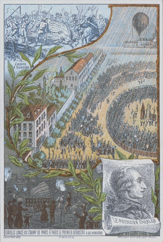 French balloonist Jacques Charles launching the first hydrogen balloon from the Champ de Mars, Paris, 27 August by French School