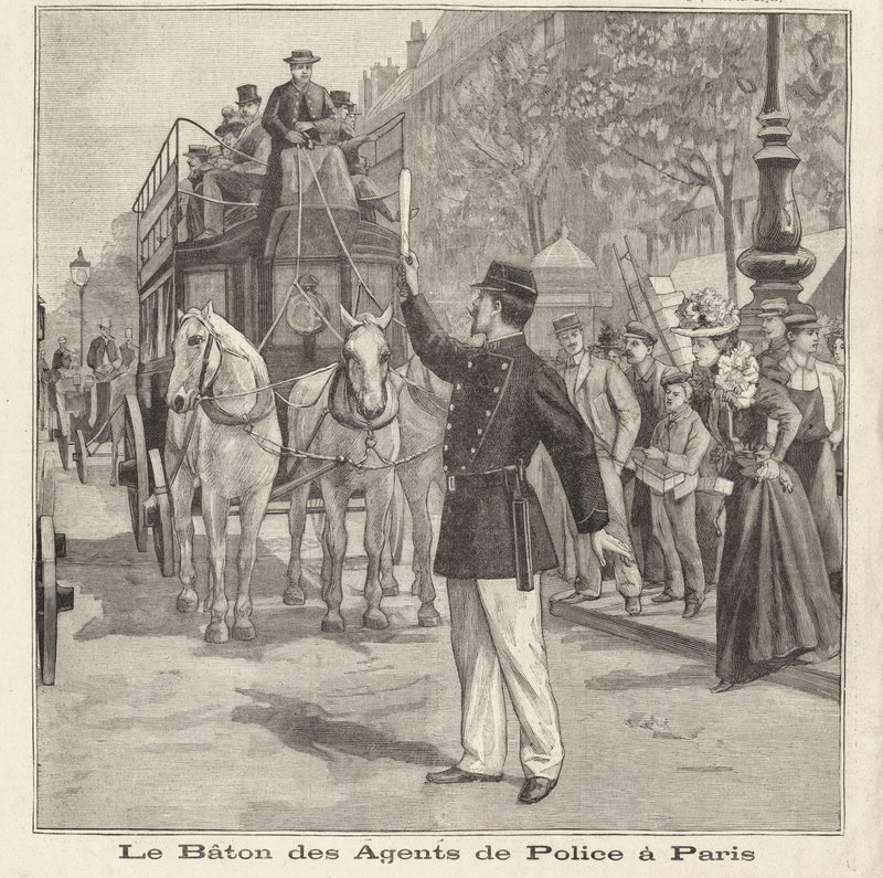 French policeman using his baton to direct traffic on the streets of Paris by French School