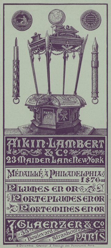 French Trade Card Advertising Aikin Lambert Pens, Penholders and Propelling Pencils by French School
