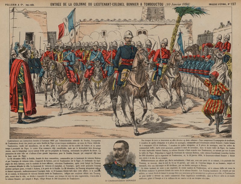 French troops commanded by Lieutenant-Colonel Eugene Bonnier entering Timbuktu by French School