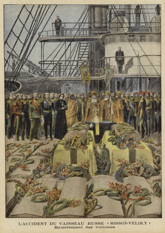 Funeral of victims of the accident on board the Russian battleship Sissoi Veliky, 1897 by French School