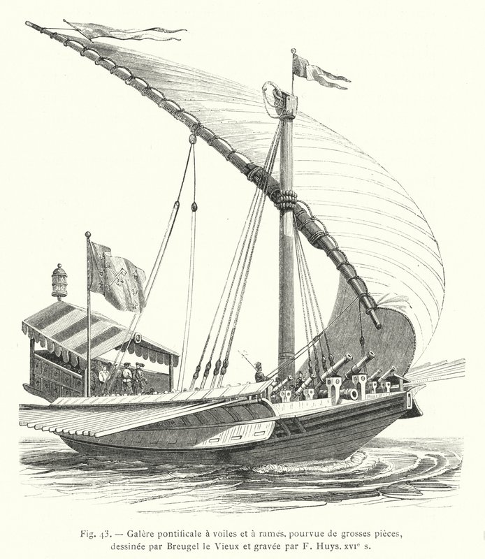 Pontifical galley with sails and oars, equipped with large pieces, drawn by Breugel the Elder and engraved by F Huys, 16th century by French School