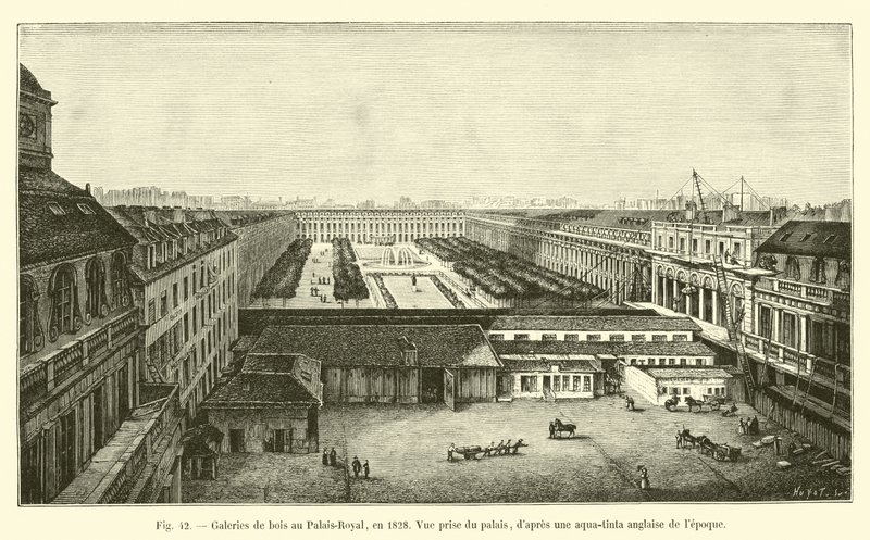 Wooden galleries at the Palais-Royal, in 1828, view taken from the palace, after an English aquatint of the time by French School