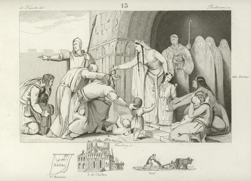 Giving alms to the poor, reign of Chlothar III, King of Neustria and Burgundy, 7th Century by French School