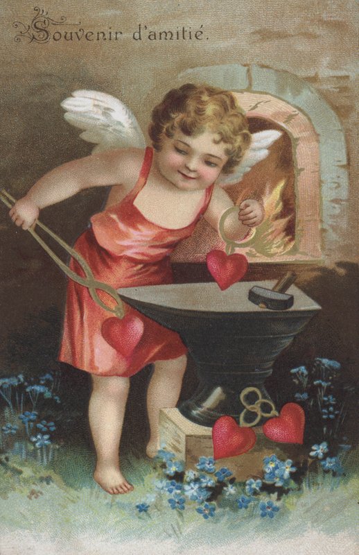 Greetings Card Showing a Cherub Creating Friendship Tokens in a Forge by French School