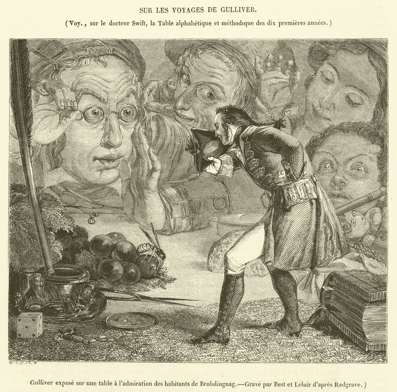 Gulliver displayed on a table to the admiration of the inhabitants of Brobdingnag by French School