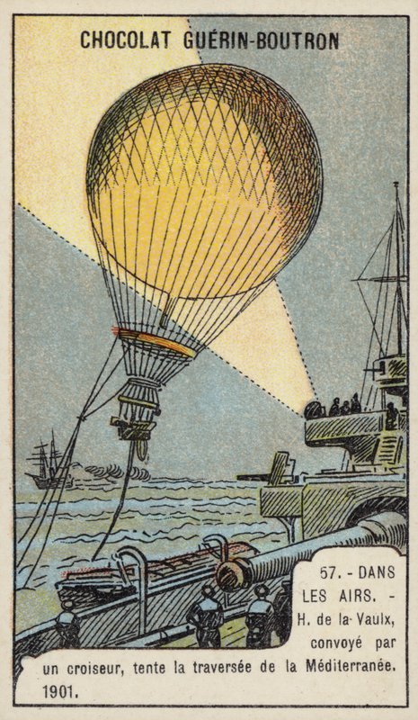 Henri de la Vaulx attempting a balloon flight across the Mediterranean, escorted by a cruiser by French School