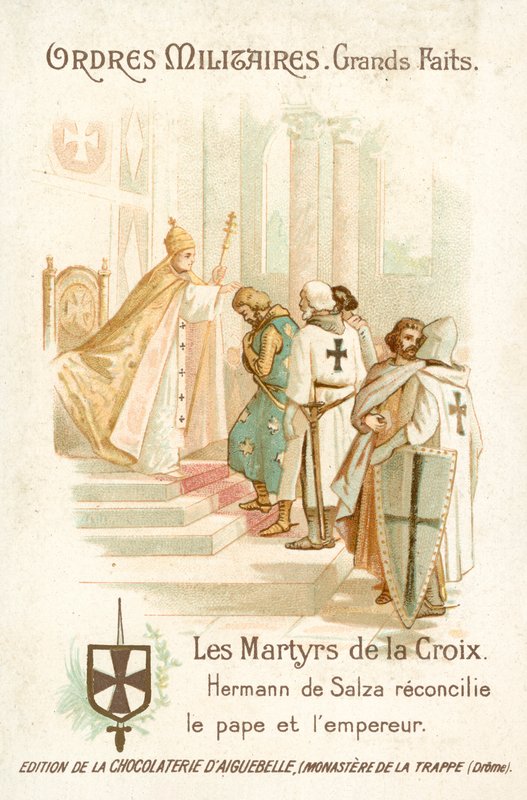 Hermann von Salza, Grand Master of the Teutonic Knights, brings about a reconciliation between Pope Gregory IX and Emperor Frederick II by French School