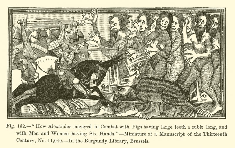 How Alexander engaged in Combat with Pigs having large teeth a cubit long, and with Men and Women having six Hands by French School