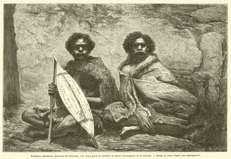 Australian Natives (Province of Victoria); One of Them Carries a Shield Made of Eucalyptus or Banksia Bark (engraving) by French School