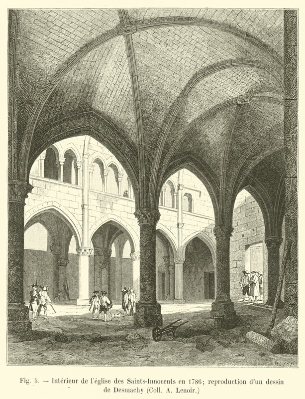 Interior of the Holy Innocents church in 1786; reproduction of a drawing by Desmachy, Coll A Lenoir by French School