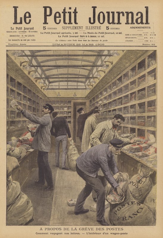 Interior of a mail car on a French train by French School
