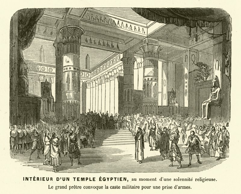 Interior of an Ancient Egyptian temple during a service by French School