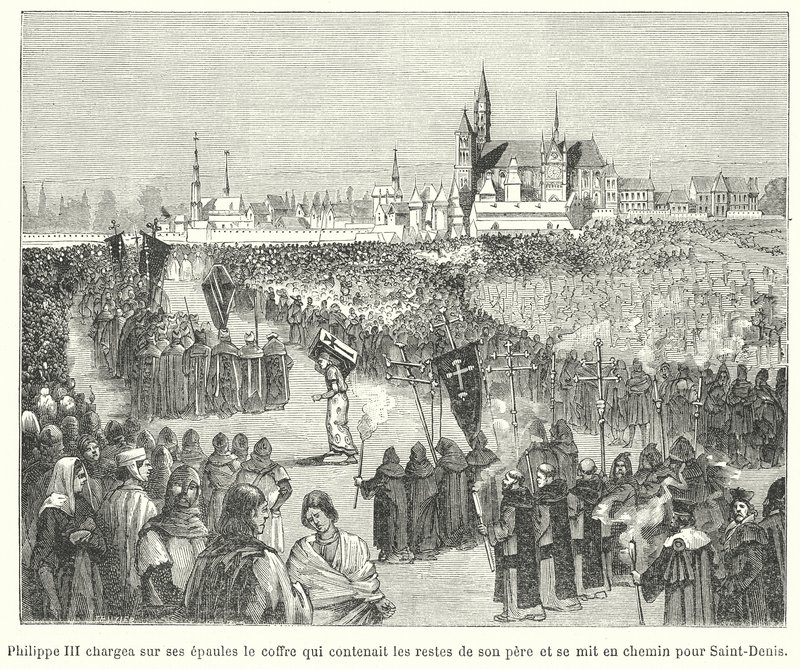 King Philip III of France carrying the bones of his father, Louis IX, to his burial in the Basilica of St Denis, Paris by French School