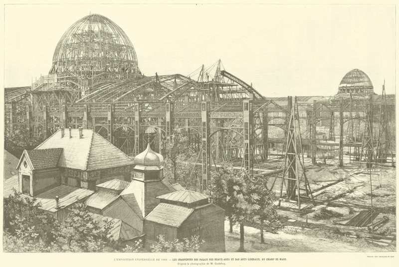 The 1889 Universal Exhibition, The Frameworks of the Palaces of Fine Arts and Liberal Arts, at the Champ de Mars, After the Photograph by M Godefroy by French School