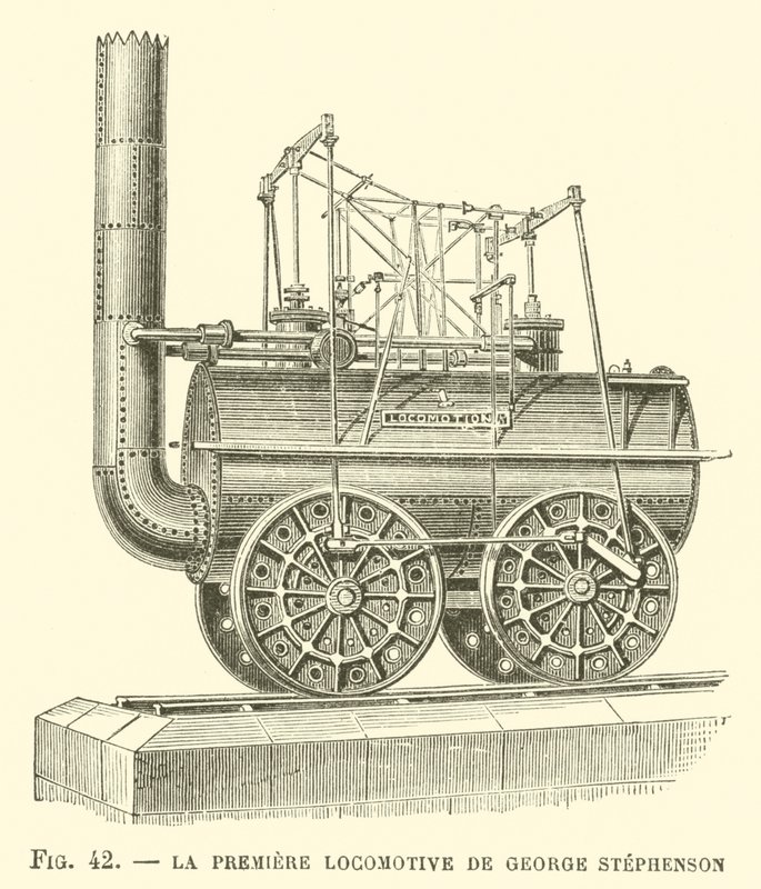 The First Locomotive by George Stephenson by French School