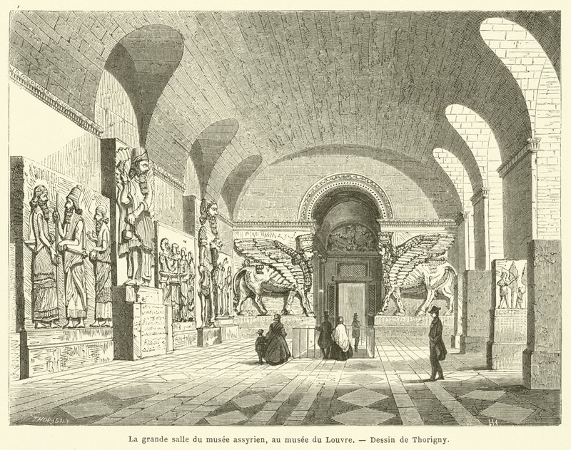 The Great Hall of the Assyrian Museum, at the Louvre Museum by French School