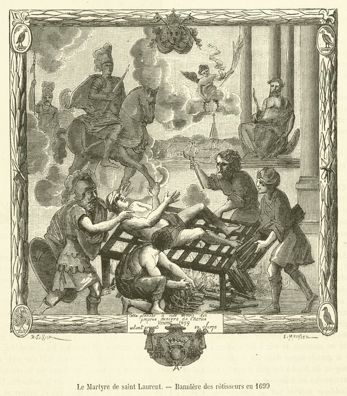 The Martyrdom of Saint Lawrence, Banner of the Roasters in 1699 (engraving) by French School