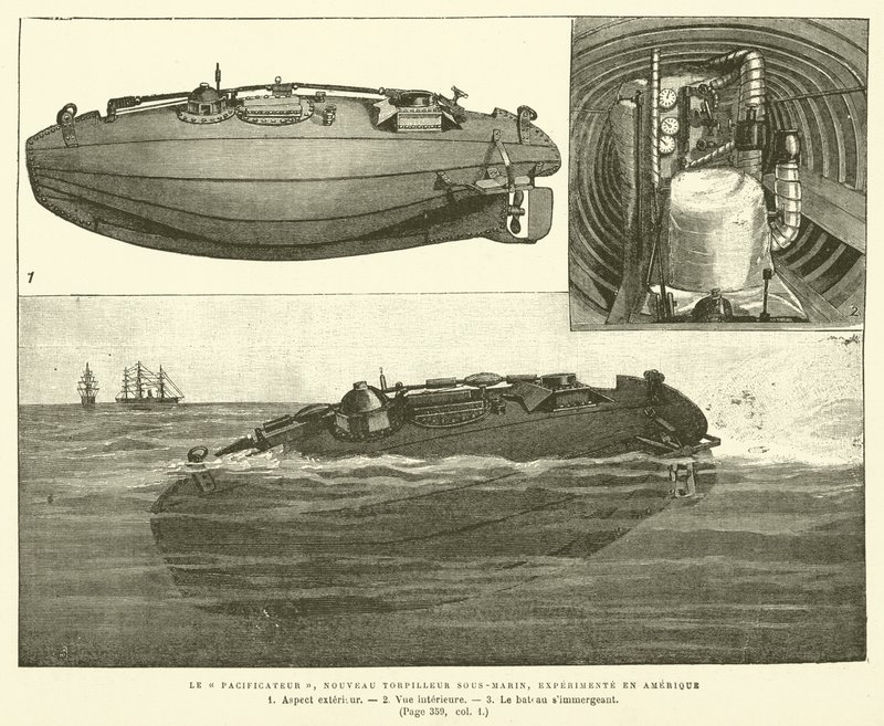 The Peacemaker, New Submarine Torpedo Boat, Tested in America (engraving) by French School