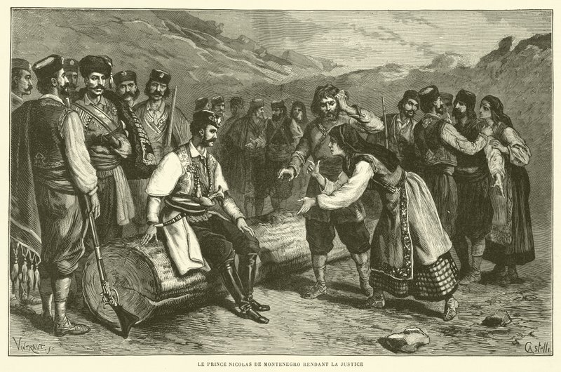 Prince Nicholas of Montenegro Administering Justice (engraving) by French School