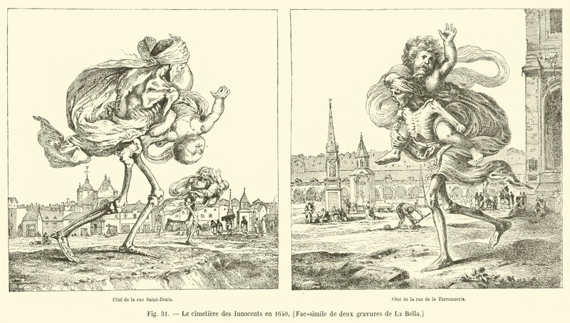 The Cemetery of the Innocents in 1640, Facsimile of two engravings by La Bella by French School